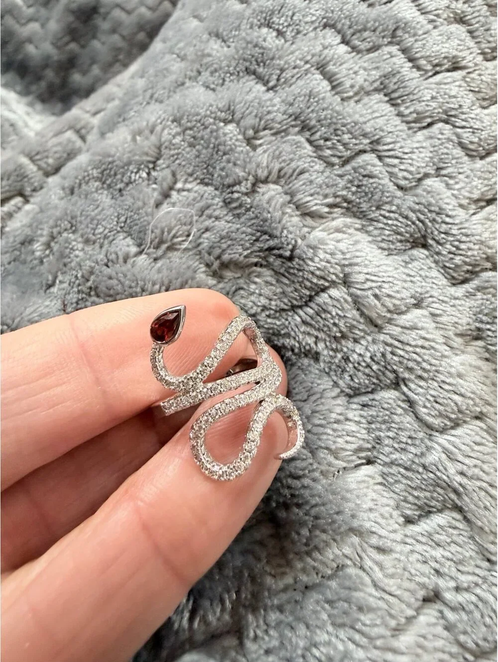 Fragrant Jewels Snake Wrap Ring Silver Tone CZ Red Pear Stone